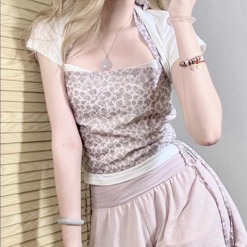 Japanese Kawaii Pastel Lilac Floral Cottagecore Halter Ribbon Crop Tank Top